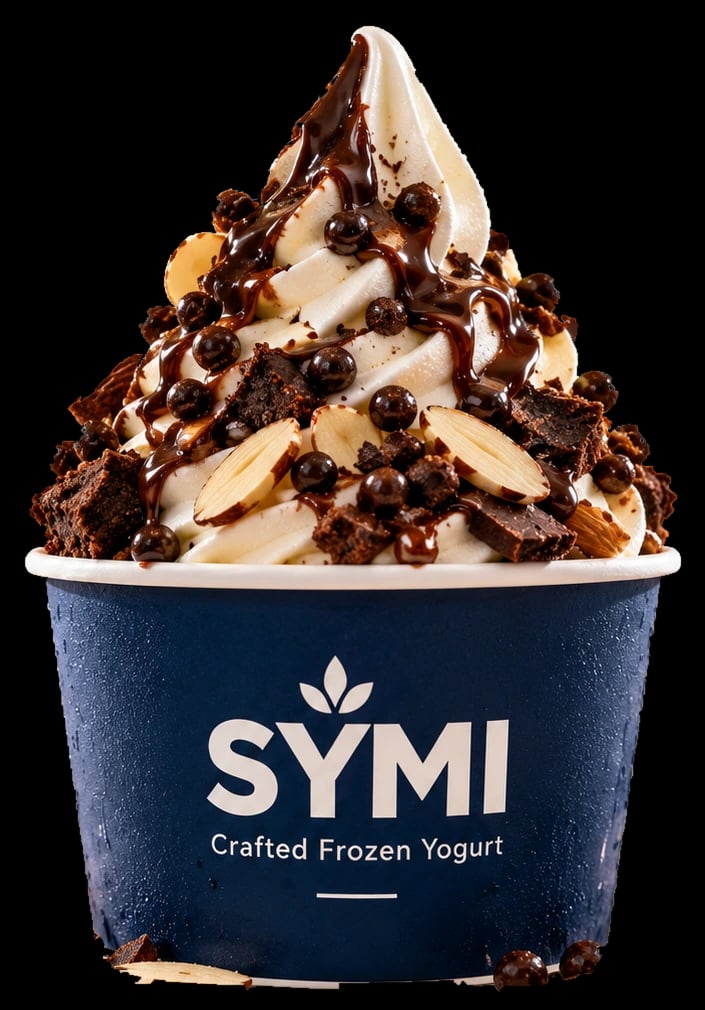 Choco Almond Crunch frozen yogurt in a SYMI cup