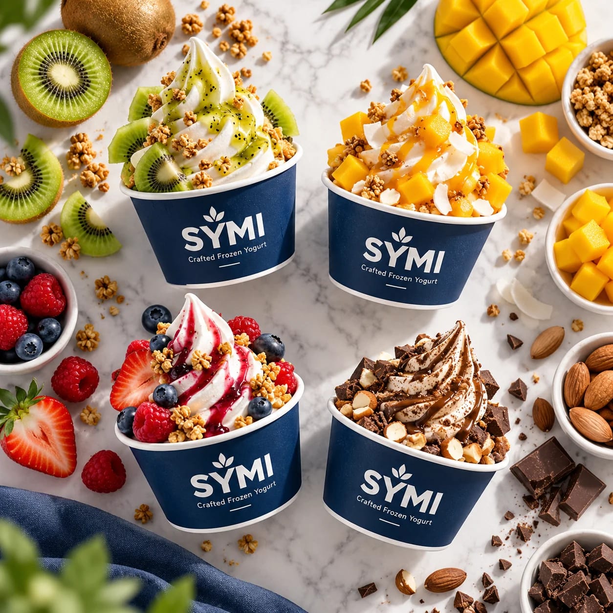 Kiwi, mango, berry and chocolate yogurt cups with their ingredients