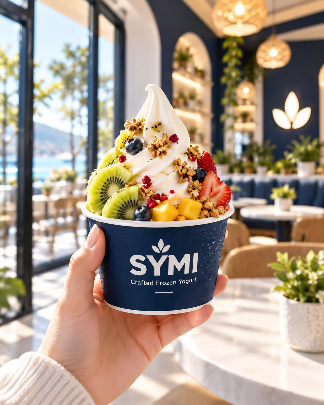 A hand holding a fruit-topped SYMI cup in the sunlit store