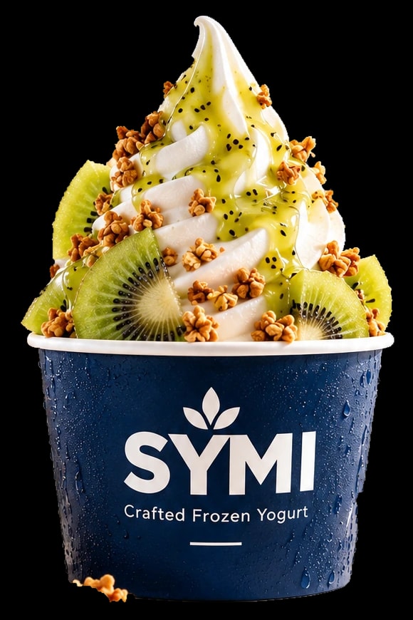 SYMI kiwi frozen yogurt in a midnight navy cup