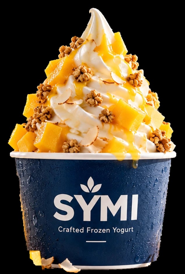Mango Bliss frozen yogurt in a SYMI cup