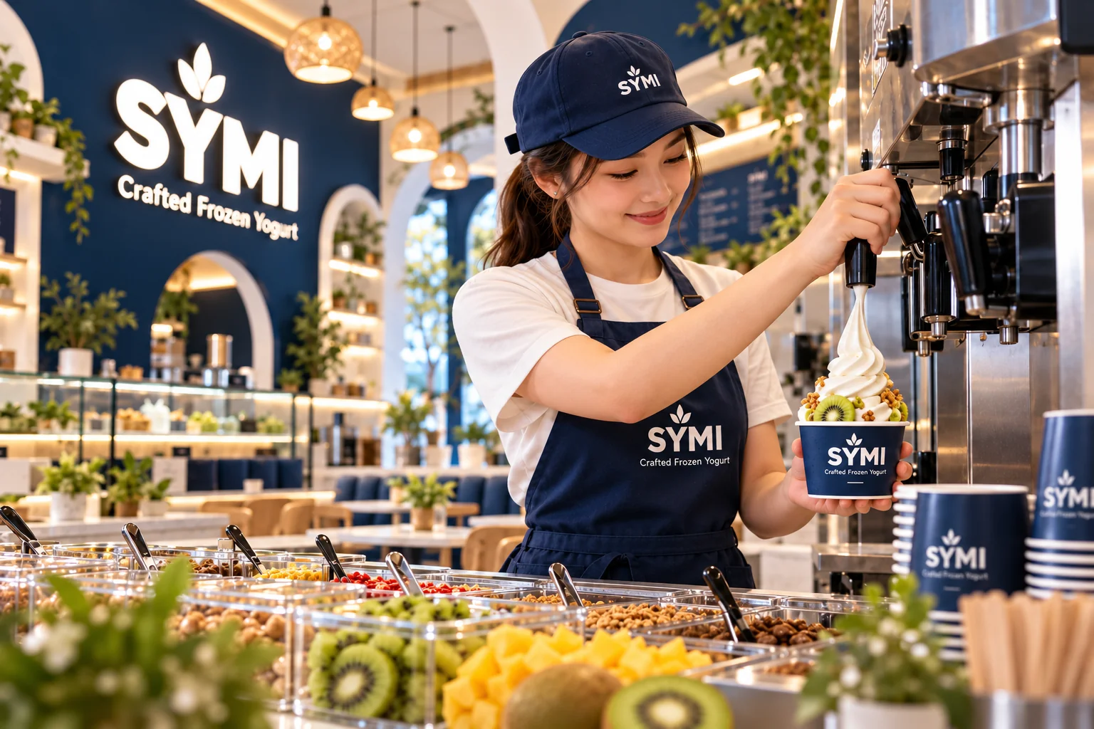 A SYMI team member carefully dispensing a fresh yogurt swirl