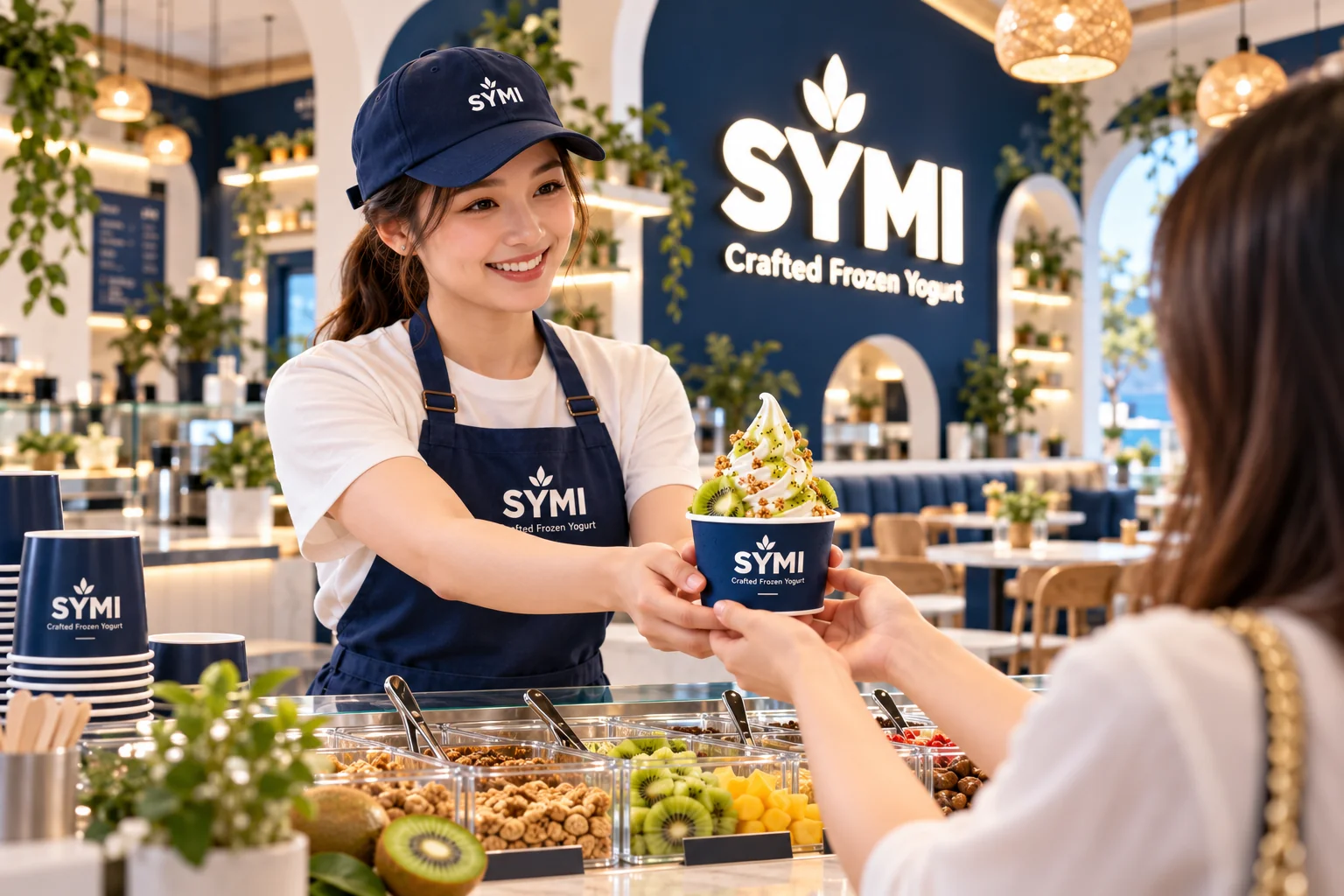 A smiling SYMI team member handing a yogurt cup to a customer