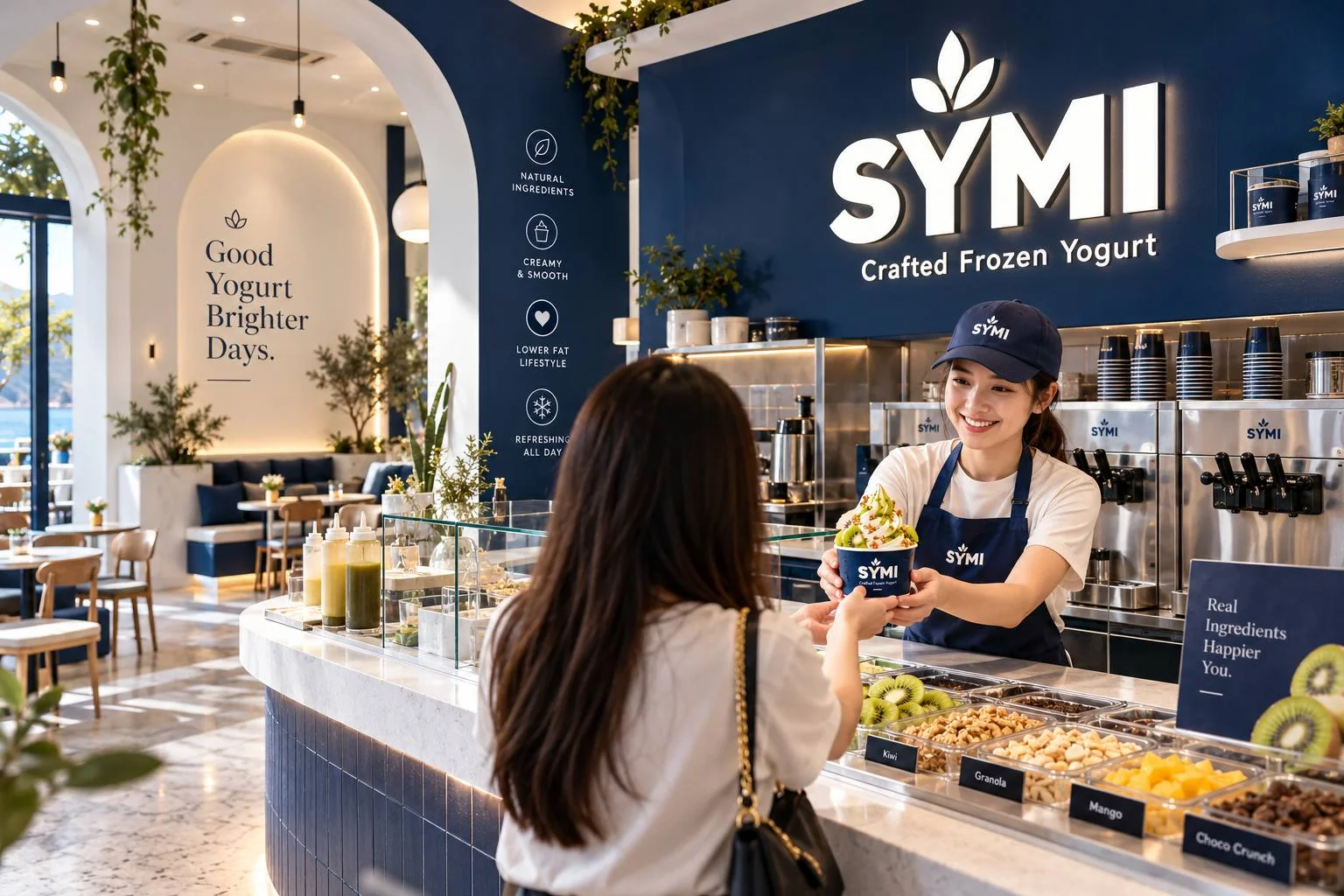 A warm welcome at SYMI, with navy arches, natural wood and a counter full of fresh toppings